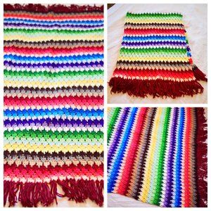 vtg Multi Color Rainbow Crochet Chevron Afghan Throw Boho Hippie Chic 46 x 60"